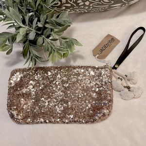 Anthropologie Jade-tribe Rose Gold Metallic Sequins Wristlet Make-up  Pouch Bag